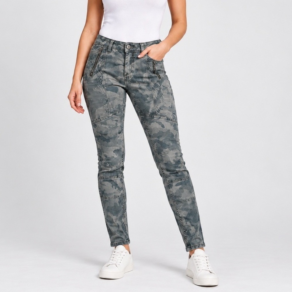 Recruit Jeans Women's Moto Camo Pants Size 6 Green Gray Slim Fit Combat Cargo